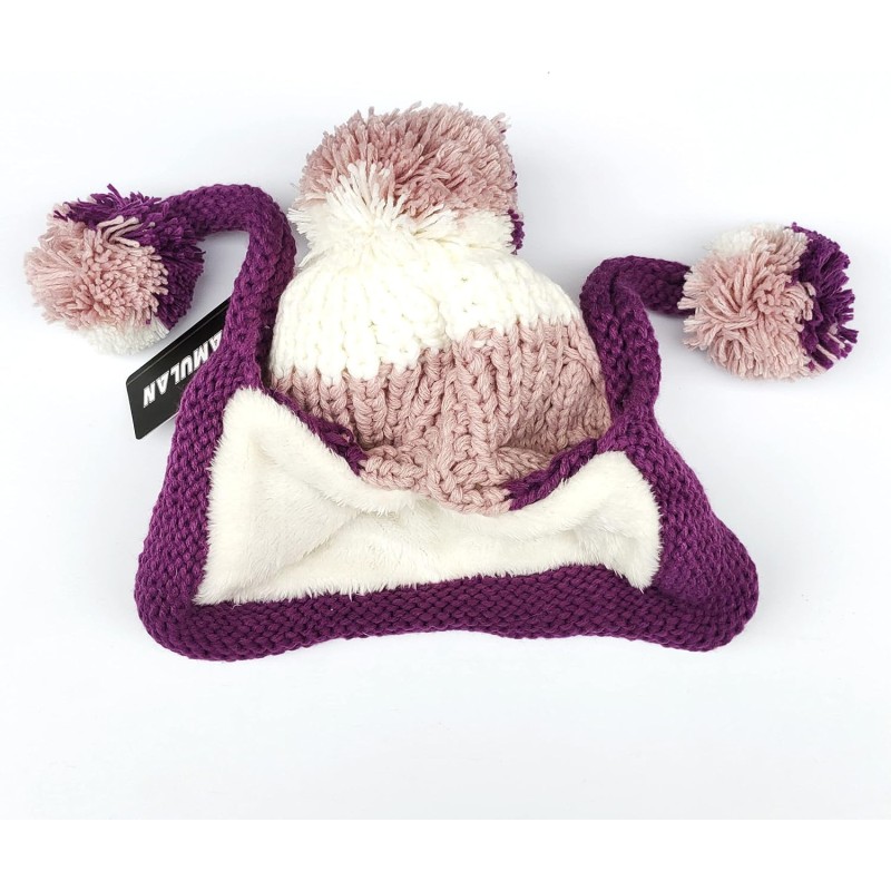 Women's Peruvian Ear Flap Beanie 3 Pom Poms Pink/Purple Women's pink and purple Peruvian ear flap beanie with 3 pom poms