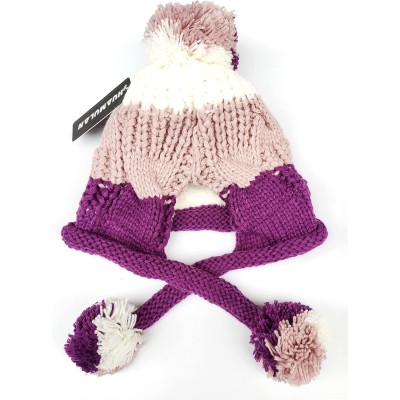 Women's Peruvian Ear Flap Beanie 3 Pom Poms Pink/Purple Women's pink and purple Peruvian ear flap beanie with 3 pom poms