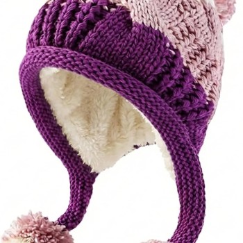 Women's Warm Winter Peruvian Ear Flap Beanie 3 Pom Poms Fleece Lined Ponytail Ski Hat Pink/Purple One Size