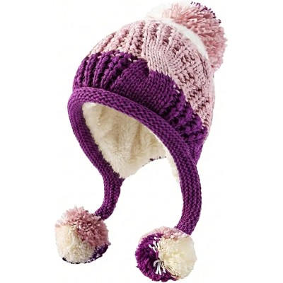 Women's Peruvian Ear Flap Beanie 3 Pom Poms Pink/Purple Women's pink and purple Peruvian ear flap beanie with 3 pom poms