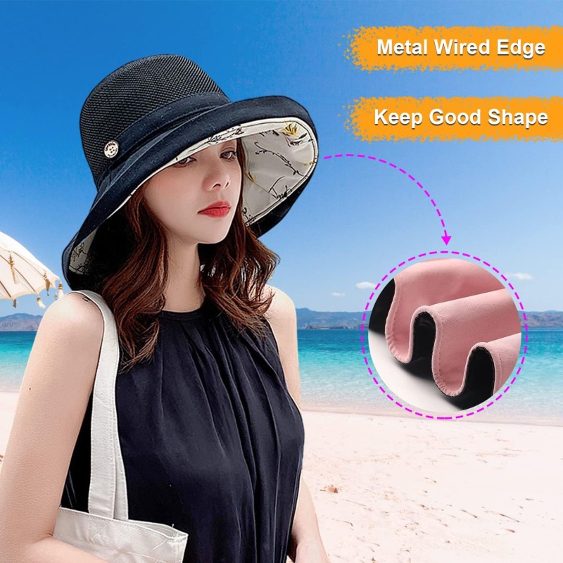 Women's wide brim sun hat with UV protection, mesh crown, wired brim, and chin strap for beach, hiking, and travel