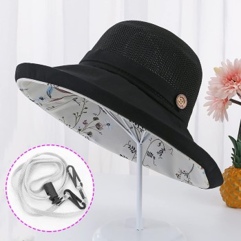 Women's Wide Brim Sun Hat: UV Protection Mesh Crown Wired Brim Adjustable with Chin Strap for Beach Hiking Travel