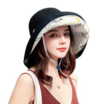 Women's Wide Brim Sun Hat: UV Protection Mesh Crown Wired Brim Adjustable with Chin Strap for Beach Hiking Travel