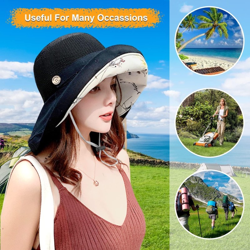 Women's wide brim sun hat with UV protection, mesh crown, wired brim, and chin strap for beach, hiking, and travel