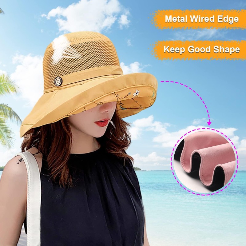 Women's Wide Brim Sun Hat UV Protection Adjustable Wired Edge Women's Wide Brim UV Protection Sun Hat with Chin Strap for Beach Hiking Fishing
