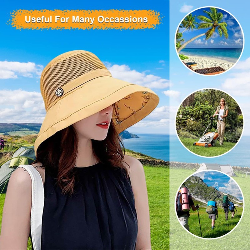 Women's Wide Brim Sun Hat UV Protection Adjustable Wired Edge Women's Wide Brim UV Protection Sun Hat with Chin Strap for Beach Hiking Fishing