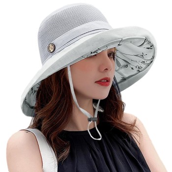Women's Wide Brim Sun Hat UV Protection Mesh Crown Wired Edge Adjustable Chin Strap for Beach Hiking Travel