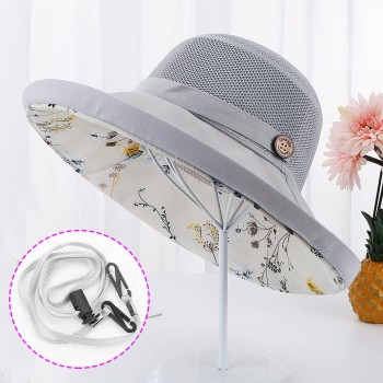 Women's Wide Brim Sun Hat UV Protection Mesh Crown Wired Edge Adjustable Chin Strap for Beach Hiking Travel