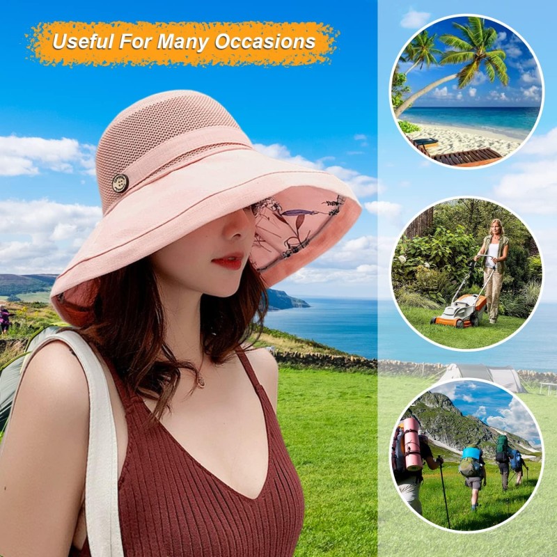 Women's wide brim sun hat with mesh crown, UV protection, adjustable wired brim for summer outdoor use