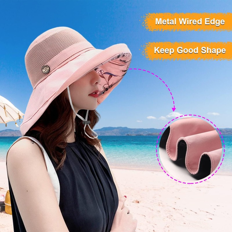Women's wide brim sun hat with mesh crown, UV protection, adjustable wired brim for summer outdoor use