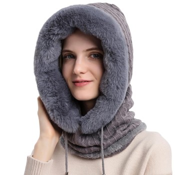 HUAMULAN Women's 3-in-1 Winter Balaclava Ski Mask Fleece Beanie Neck Scarf Set Grey One Size