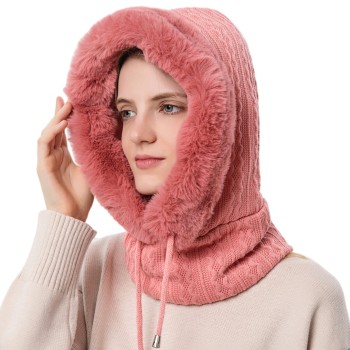 HUAMULAN Women's 3-in-1 Fleece Lined Winter Balaclava Beanie Mask Scarf Set, Ski Snow Dusty Pink