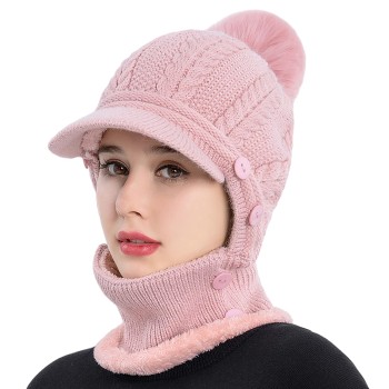 HUAMULAN Women's Winter 3-in-1 Fleece Lined Beanie Balaclava Set Pink Pom Pom Ski Snow Hat
