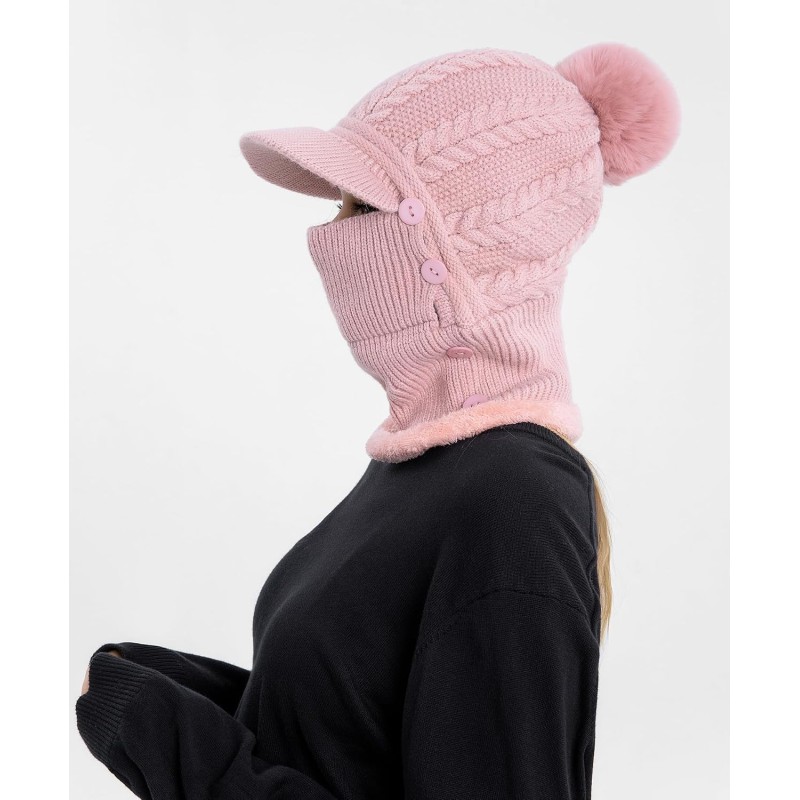 HUAMULAN Women's 3-in-1 Fleece Lined Ski Hat Balaclava HUAMULAN Women's Pink Pom Pom Ski Beanie Balaclava Set