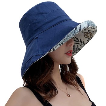 Women's Reversible Wide Brim Sun Hat, UV Protection Wired Edge Beach Hiking Garden Travel Hat with Chin Strap