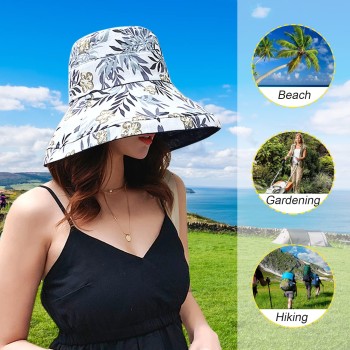 Women's Reversible Wide Brim Sun Hat, UV Protection Wired Edge Beach Hiking Garden Travel Hat with Chin Strap
