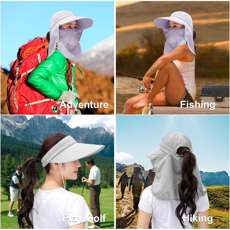 Women's Wide Brim Sun Hat with Detachable Face Mask and Neck Flap for UV Protection