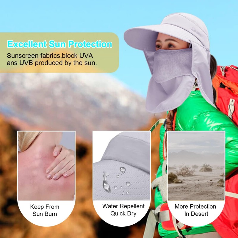 Women's Wide Brim Sun Hat with Detachable Face Mask and Neck Flap for UV Protection
