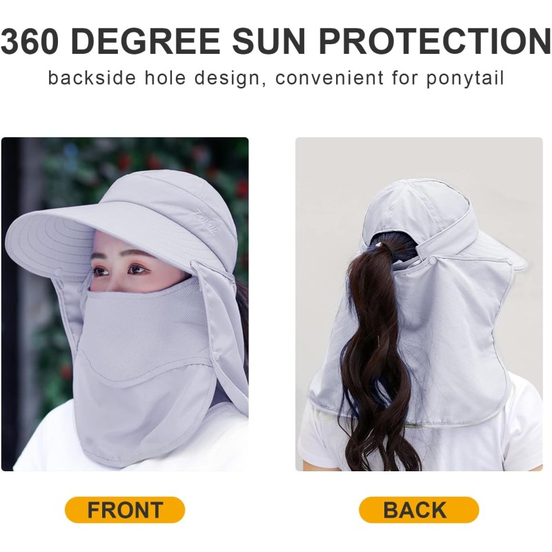 Women's Wide Brim Sun Hat with Detachable Face Mask and Neck Flap for UV Protection