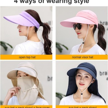Women Wide Brim Sun Hat Detachable Face Mask Neck Flap UV Protection Ponytail Hat for Outdoor Hiking Fishing Garden