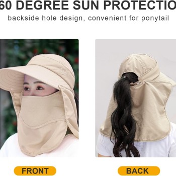 Women's Wide Brim Sun Hat Detachable Face Mask Neck Flap Ponytail UV Protection for Hiking Fishing Garden