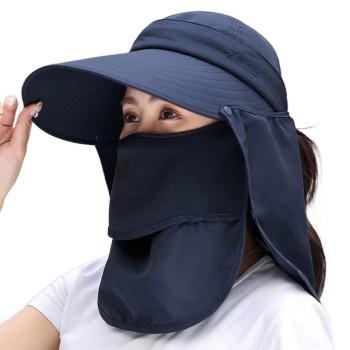 Women Wide Brim Sun Hat Detachable Face Mask Neck Flap UV Protection Ponytail Outdoor Garden Fishing Hiking One Size
