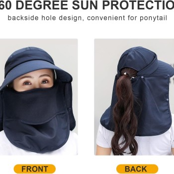 Women Wide Brim Sun Hat Detachable Face Mask Neck Flap UV Protection Ponytail Outdoor Garden Fishing Hiking One Size