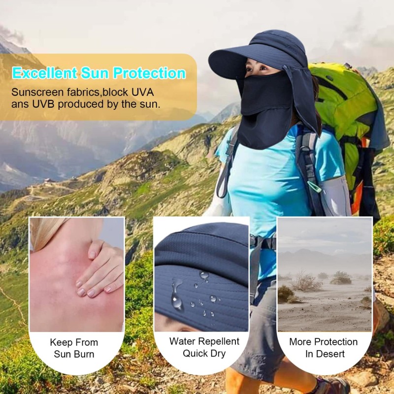 Women Wide Brim Sun Hat with Detachable Face Mask Neck Flap Women's wide brim sun hat with detachable face mask and neck flap for UV protection