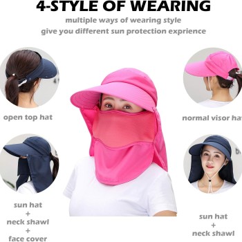 Women’s Wide Brim Sun Hat Detachable Face Mask Neck Flap UV Protection Ponytail Outdoor Hat