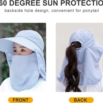 Women's Wide Brim Sun Hat UV Protection Detachable Face Mask Neck Flap Ponytail Fishing Hiking One Size