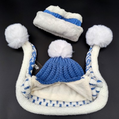 Women's Winter Beanie Scarf Set - Blue Fleece Lined with Pompom Women's Blue Chunky Knit Beanie & Scarf Set with Pompom and Ear Flaps