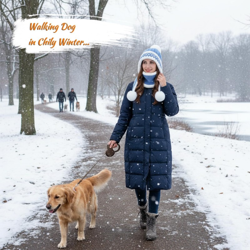 Women's Winter Beanie Scarf Set - Blue Fleece Lined with Pompom Women's Blue Chunky Knit Beanie & Scarf Set with Pompom and Ear Flaps