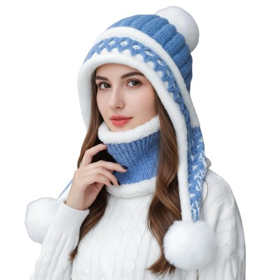 Women's Winter Beanie Scarf Set - Blue Fleece Lined with Pompom Women's Blue Chunky Knit Beanie & Scarf Set with Pompom and Ear Flaps