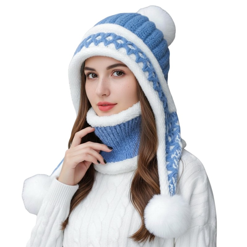 Women's Winter Beanie Scarf Set - Blue Fleece Lined with Pompom Women's Blue Chunky Knit Beanie & Scarf Set with Pompom and Ear Flaps