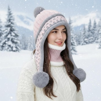 HUAMULAN Women’s Winter Beanie Scarf Set Pink Grey Pom Pom Ear Flaps Sherpa Lined Ponytail Ski Hat HUAMULAN Women’s Winter Beanie Scarf Set Pink Grey Pom Pom Ear Flaps Sherpa Lined Ponytail Ski Hat
