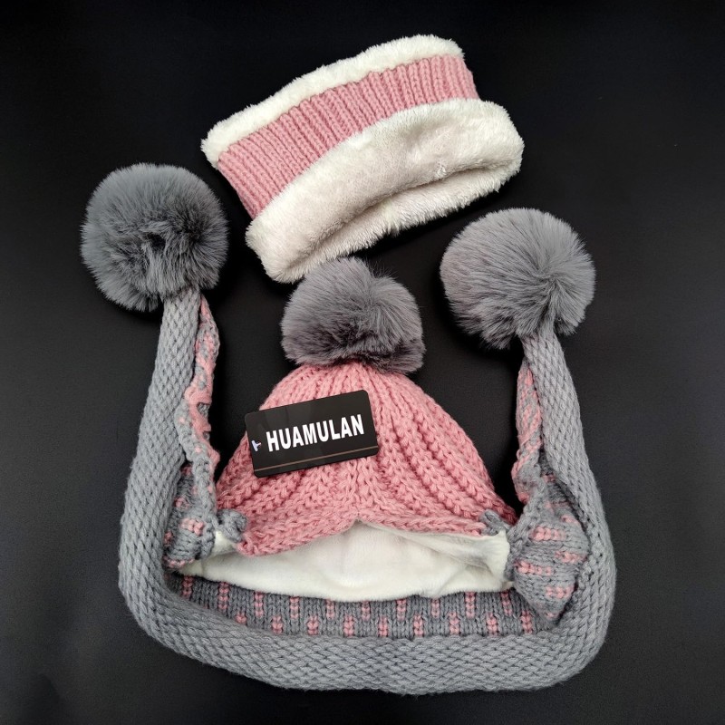 HUAMULAN Women’s Winter Beanie Scarf Set Pink Grey Pom Pom HUAMULAN Women’s Pink Grey Winter Beanie Scarf Set with Pom Pom and Ear Flaps
