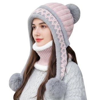 HUAMULAN Women’s Winter Beanie Scarf Set Pink Grey Pom Pom Ear Flaps Sherpa Lined Ponytail Ski Hat