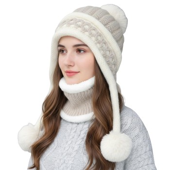 HUAMULAN Women's Winter Beanie Scarf Set Beige Pompom Ear Flaps Ponytail-Friendly Warm Knit Hat Neck Warmer