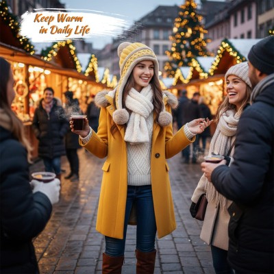 HUAMULAN Women's Yellow Winter Beanie Scarf Set HUAMULAN Women's Yellow Winter Beanie Scarf Set with Pom Pom and Ear Flaps