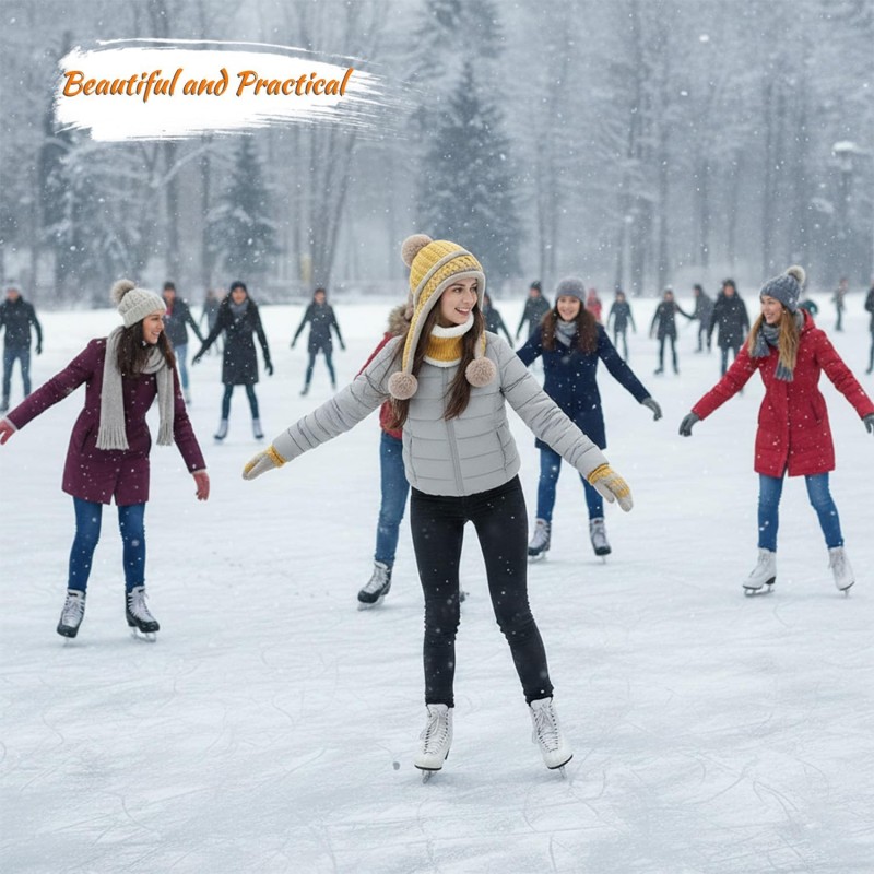 HUAMULAN Women's Yellow Winter Beanie Scarf Set HUAMULAN Women's Yellow Winter Beanie Scarf Set with Pom Pom and Ear Flaps