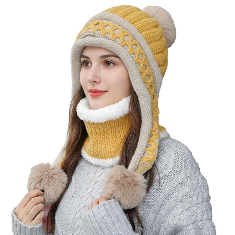 HUAMULAN Women's Yellow Winter Beanie Scarf Set HUAMULAN Women's Yellow Winter Beanie Scarf Set with Pom Pom and Ear Flaps