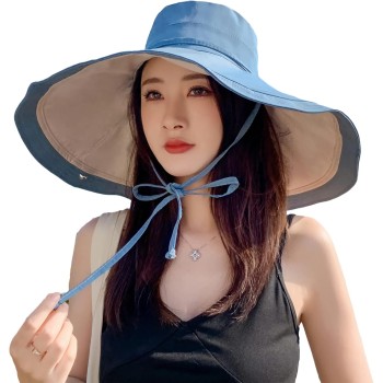 HUAMULAN Women's Wide Brim Sun Hat Reversible Foldable UV Protection Beach Fishing Travel Hat Blue Beige