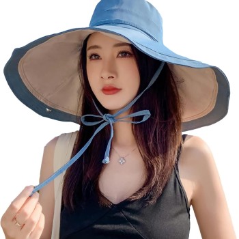 HUAMULAN Women's Wide Brim Sun Hat Reversible Foldable UV Protection Beach Fishing Travel Hat Blue Beige