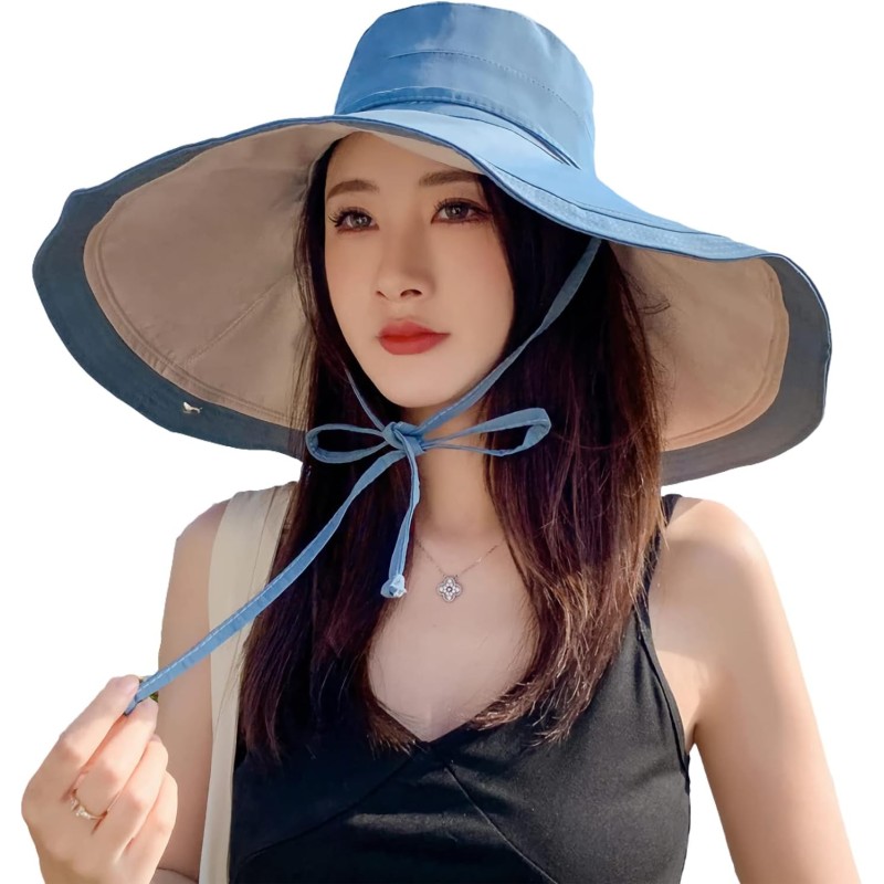 HUAMULAN Women's Reversible Wide Brim UV Sun Hat Blue Beige HUAMULAN Women's Reversible Wide Brim UV Sun Hat Blue Beige