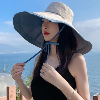 HUAMULAN Women's Reversible Wide Brim UV Sun Hat Blue Beige HUAMULAN Women's Reversible Wide Brim UV Sun Hat Blue Beige