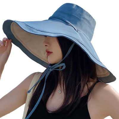 HUAMULAN Women's Reversible Wide Brim UV Sun Hat Blue Beige HUAMULAN Women's Reversible Wide Brim UV Sun Hat Blue Beige
