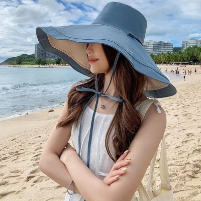 HUAMULAN Women's Reversible Wide Brim UV Sun Hat Blue Beige HUAMULAN Women's Reversible Wide Brim UV Sun Hat Blue Beige