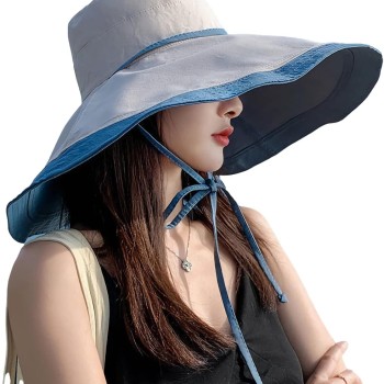 HUAMULAN Women's Wide Brim Sun Hat Reversible Foldable UV Protection Beach Fishing Travel Hat Blue Beige HUAMULAN Women's Wide Brim Sun Hat Reversible Foldable UV Protection Beach Fishing Travel Hat Blue Beige