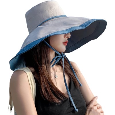 HUAMULAN Women's Reversible Wide Brim UV Sun Hat Blue Beige HUAMULAN Women's Reversible Wide Brim UV Sun Hat Blue Beige