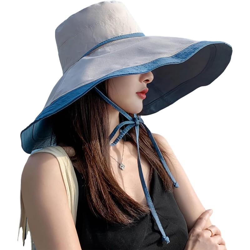 HUAMULAN Women's Reversible Wide Brim UV Sun Hat Blue Beige HUAMULAN Women's Reversible Wide Brim UV Sun Hat Blue Beige
